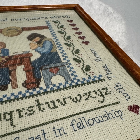 VTG Crosstitch Art Jeremiah Junction Table Blessings Professionally Framed 80’s - Picture 3 of 12